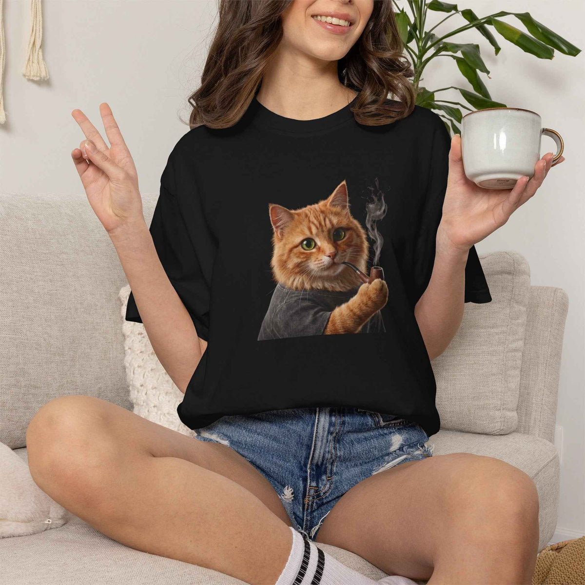 Funny Orange Cat Smoking Pipe Graphic Tee, Harajuku Streetwear, Cozy Kitten