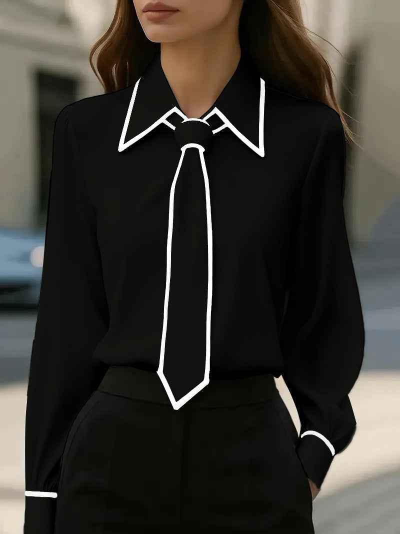 Solid Color Commute Tie Design Long Sleeve Shirt - Women's Elegant Fashion