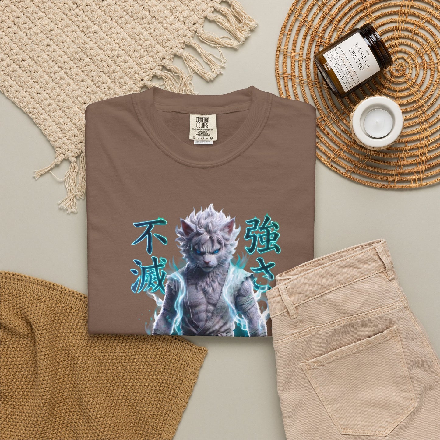 Y2K Cyberpunk Graphic Tee White Silver Cat Warrior Unisex Harajuku Style Streetwear Comfort Colors 1717 T-Shirt