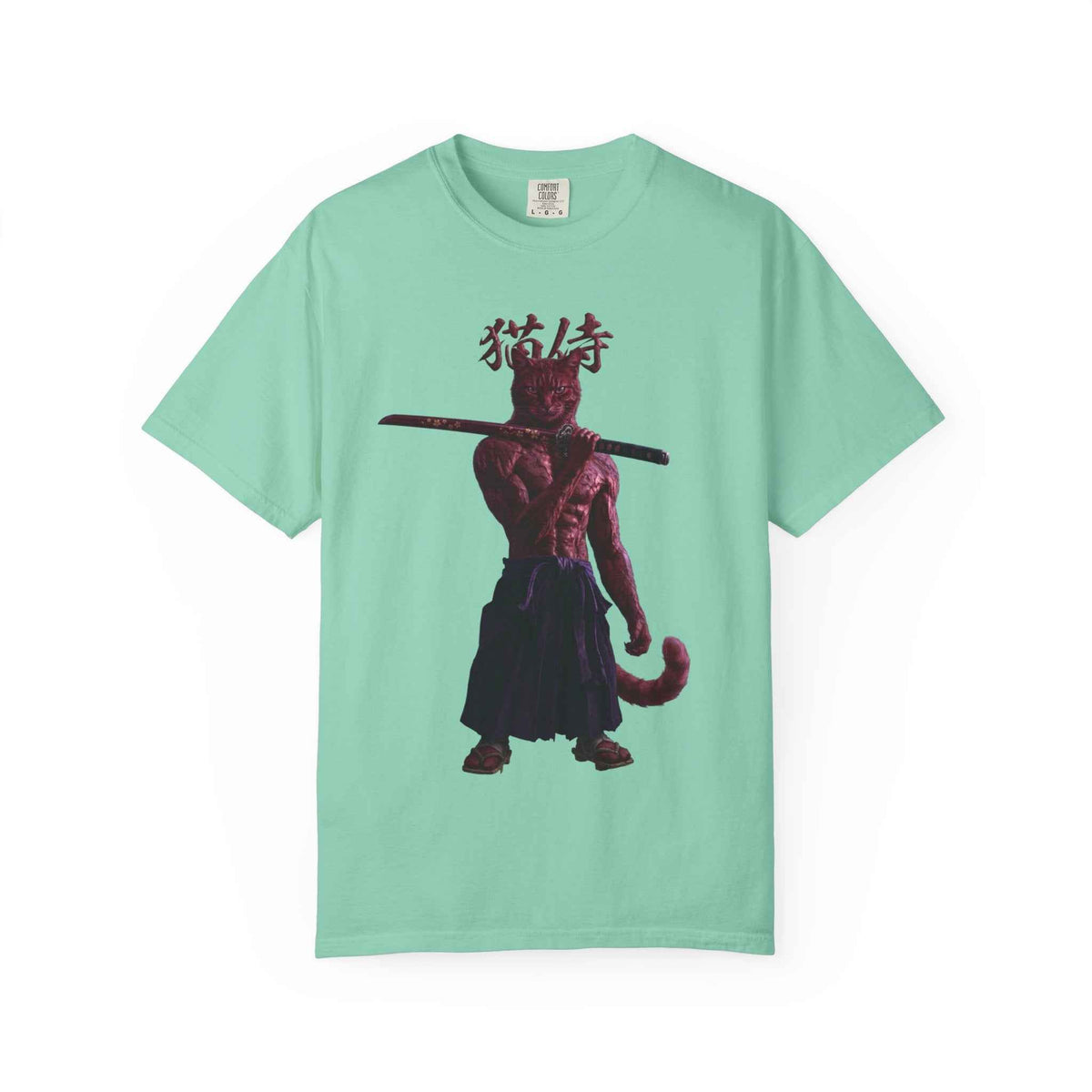 Heavyweight Vintage Red Samurai Cat Tee - Boxy Graphic Tee for Dark Aesthetic Fans