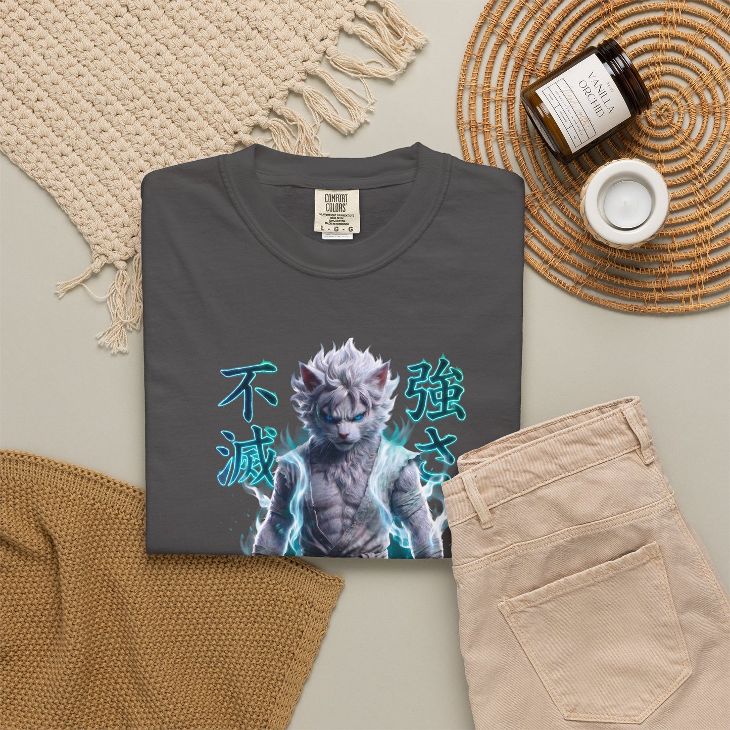 Y2K Cyberpunk Graphic Tee White Silver Cat Warrior Unisex Harajuku Style Streetwear Comfort Colors 1717 T-Shirt