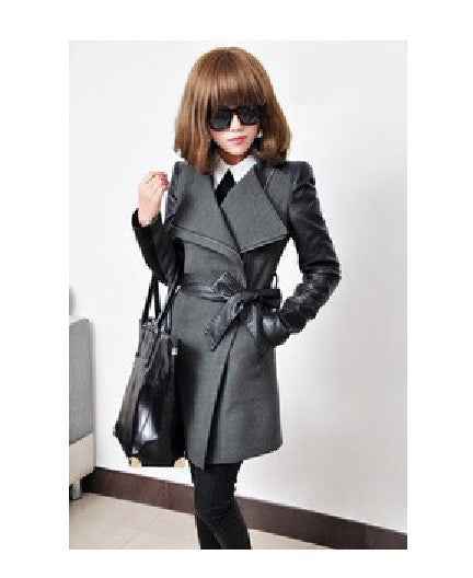 Stitched fur sleeve woolen coat trench coat