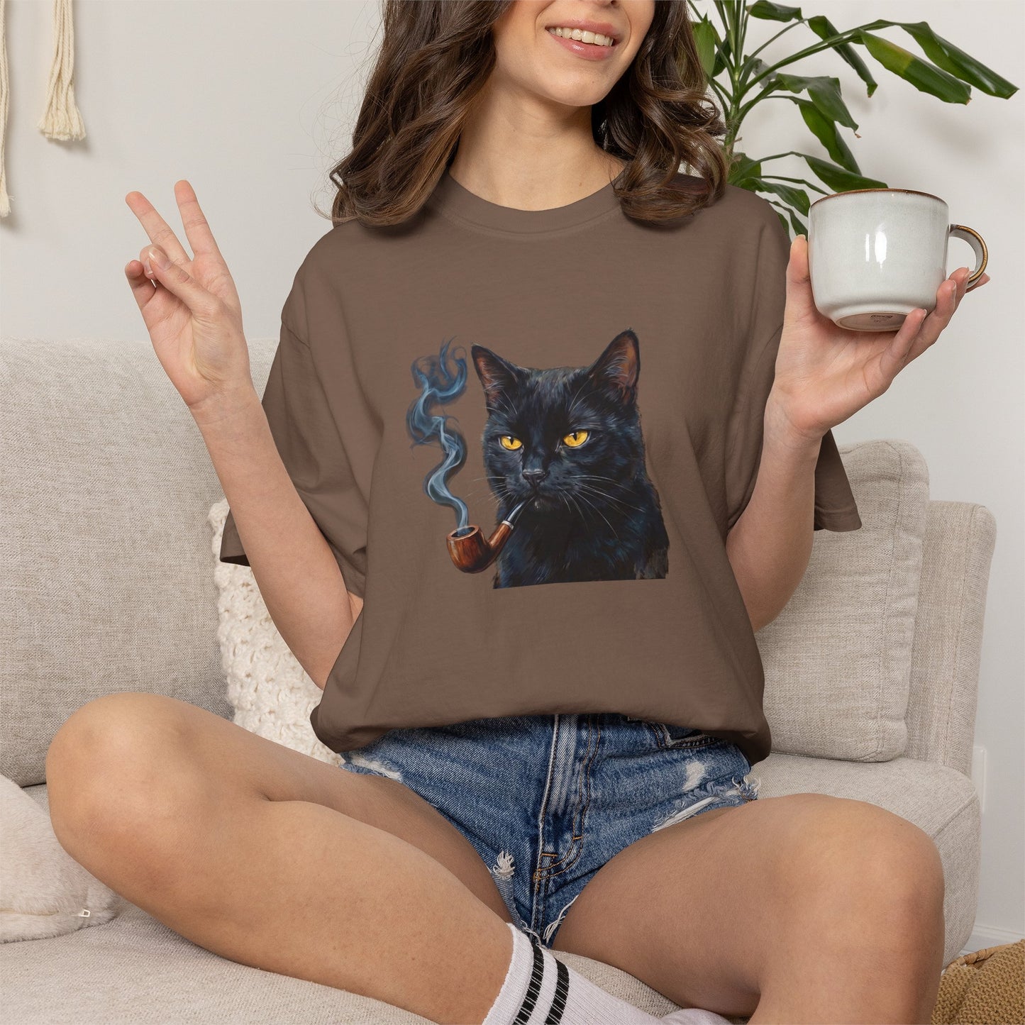 Smoking Cat Graphic T-Shirt — Retro Black Cat with Pipe Tee