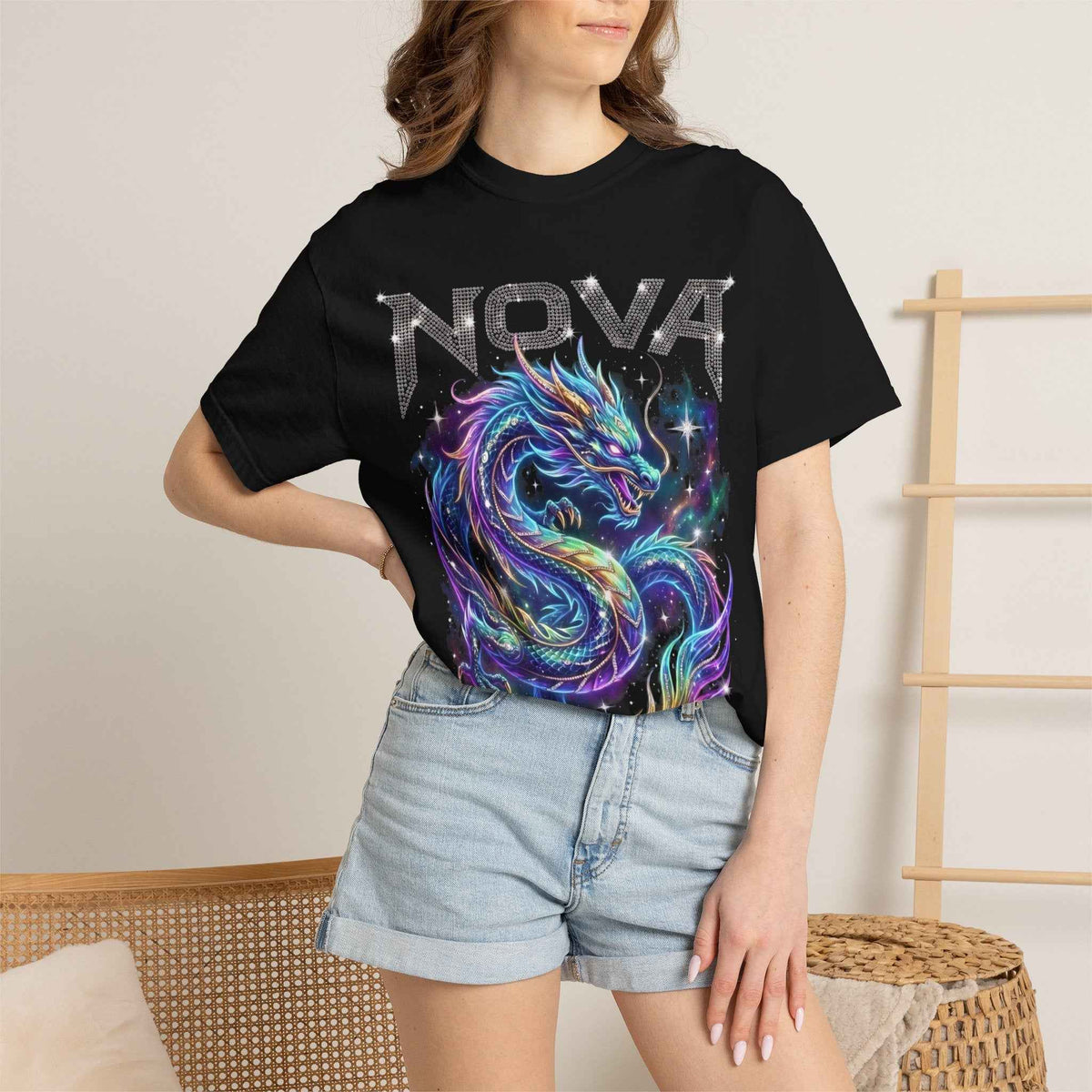 Retro Y2K Nova Celestial Dragon Graphic Tee - Heavyweight Cotton