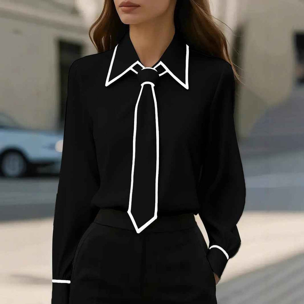 Solid Color Commute Tie Design Long Sleeve Shirt - Women's Elegant Fashion