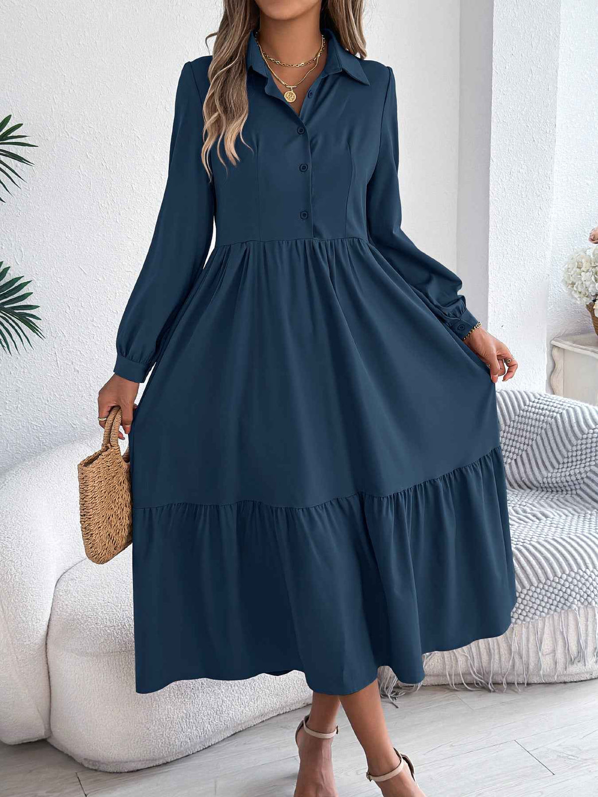 Women's Lapel Ruffled Long Sleeve Dress - Elegant Turn-Down Collar Shirt for Spring/Autumn Vacations