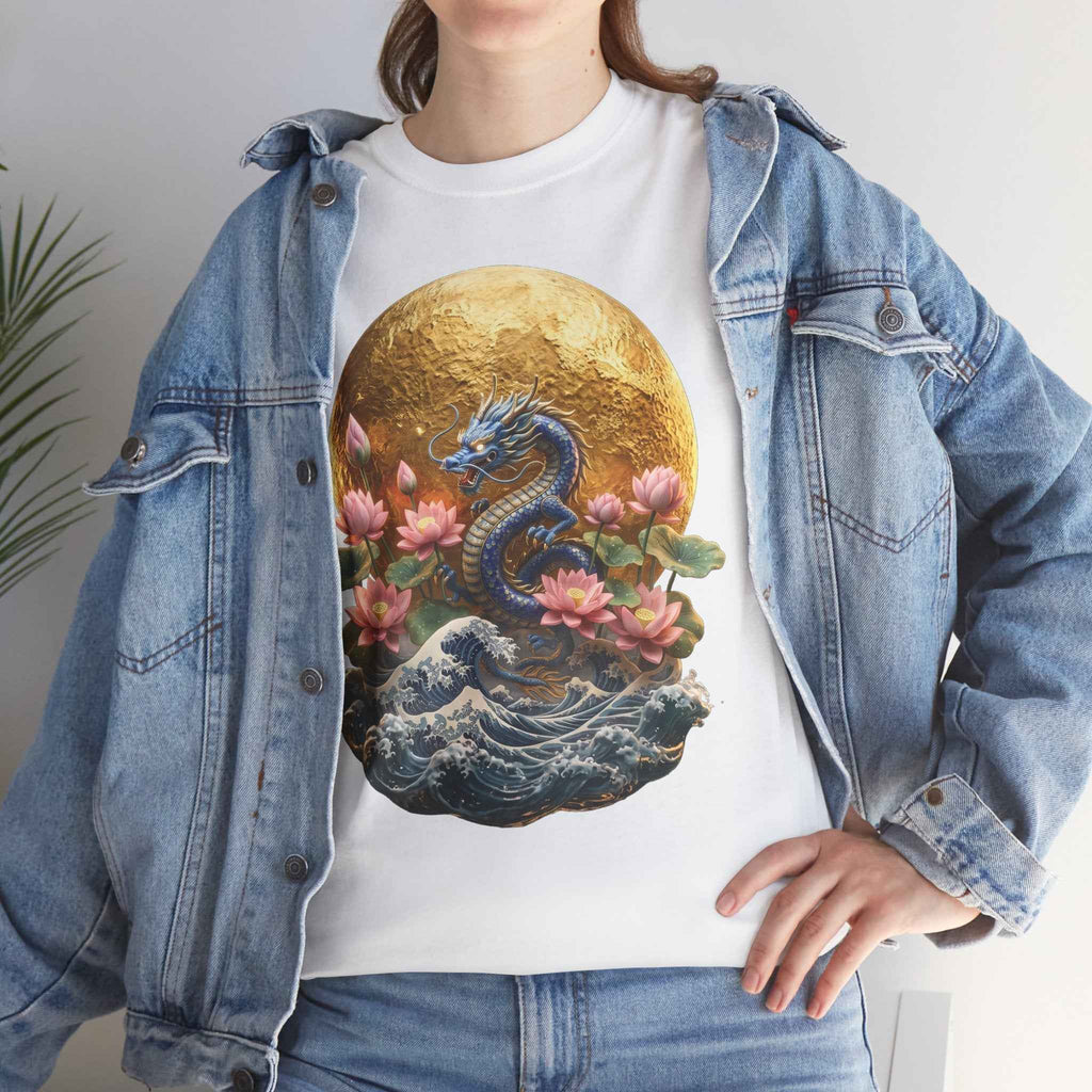 Japanese Dragon & Lotus Moon Graphic Tee - Heavy Cotton Streetwear