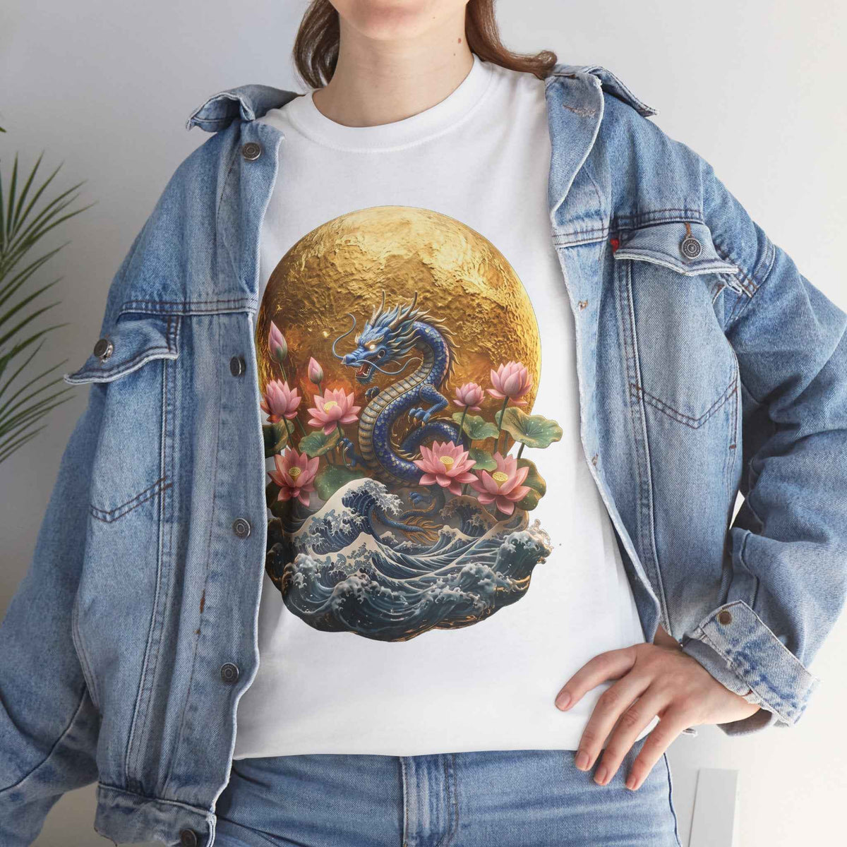 Japanese Dragon & Lotus Moon Graphic Tee - Heavy Cotton Streetwear