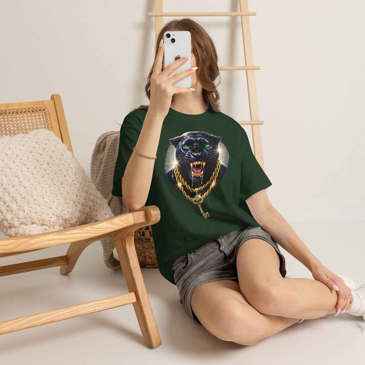 Luxury Black Panther Graphic Tee with Gold Chains & Key