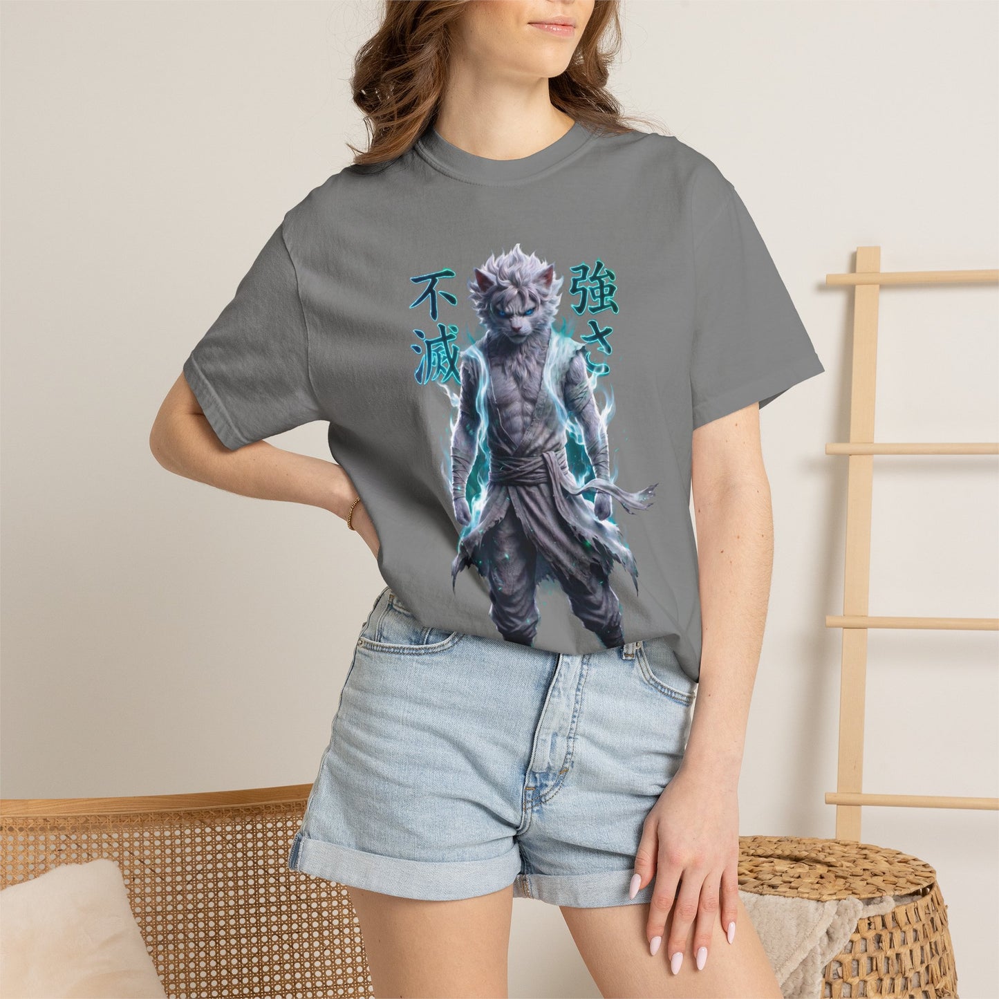 Y2K Cyberpunk Graphic Tee White Silver Cat Warrior Unisex Harajuku Style Streetwear Comfort Colors 1717 T-Shirt