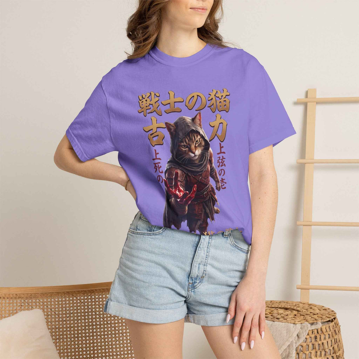 Mystic Warrior Cat Graphic Tee | Dark Aesthetic Japanese Streetwear Shirts for Men & Women | Vintage Manga Heavyweight Comfort Colors 1717 T-Shirt