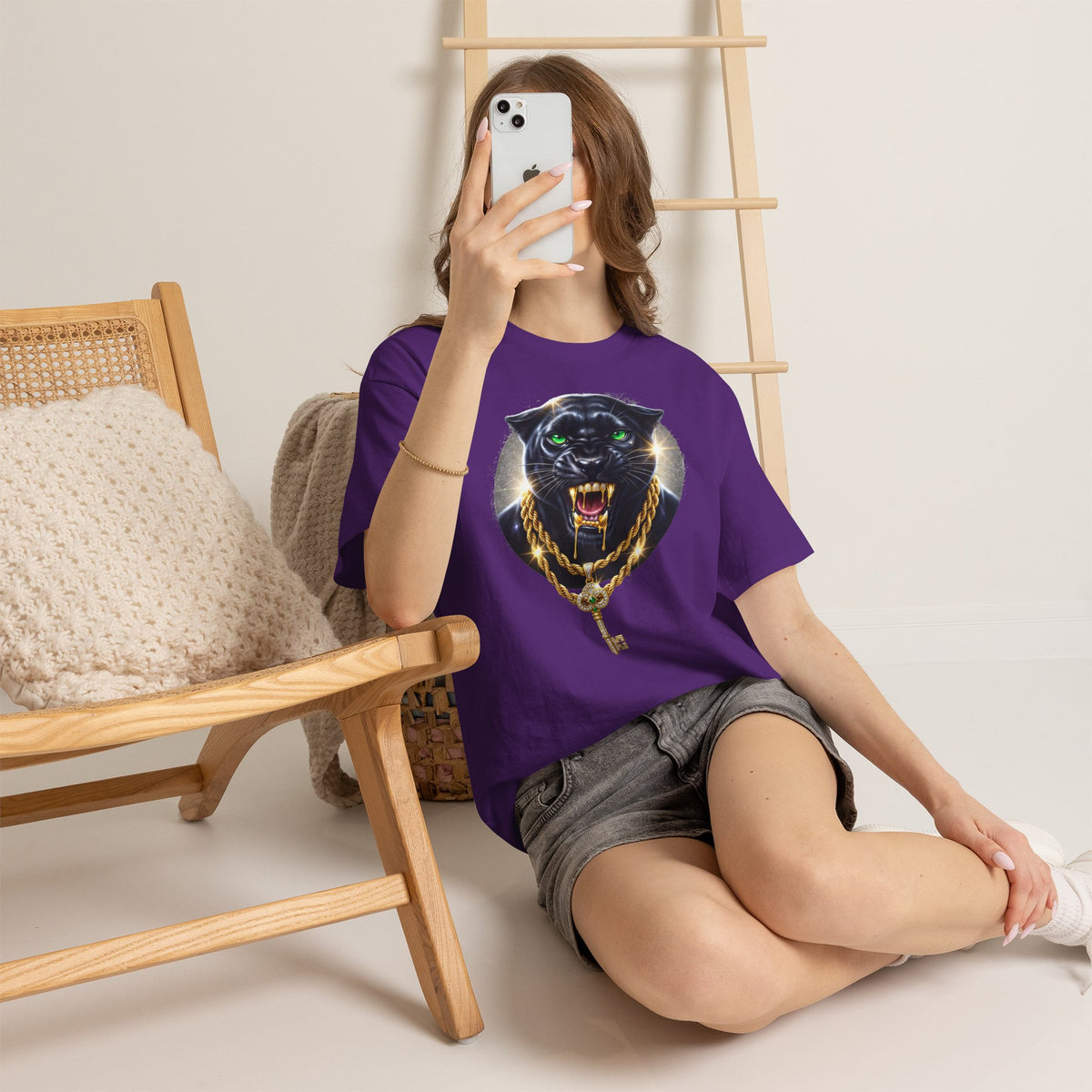 Luxury Black Panther Graphic Tee with Gold Chains & Key