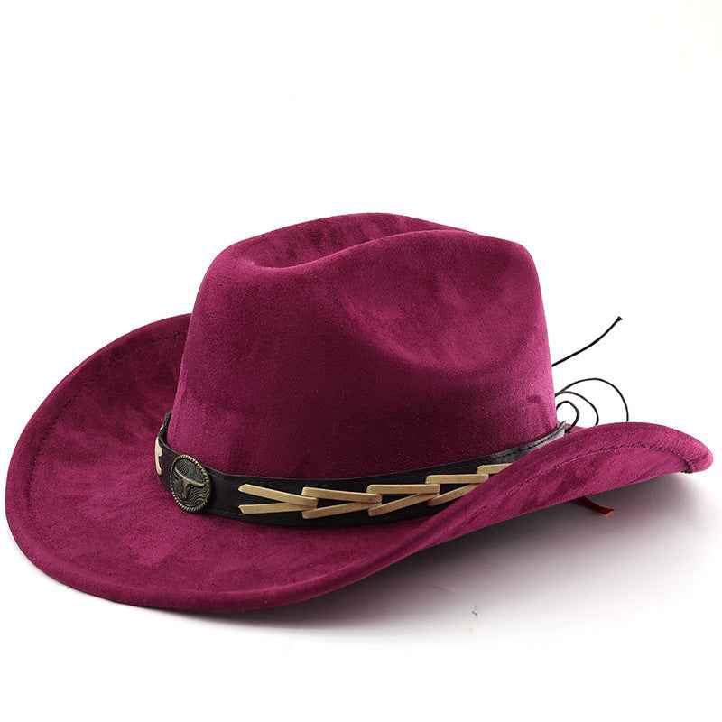 Cowhide Belt Suede Trim Western Cowboy Hat - Polished Style