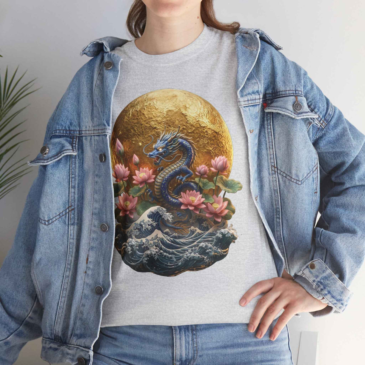 Japanese Dragon & Lotus Moon Graphic Tee - Heavy Cotton Streetwear