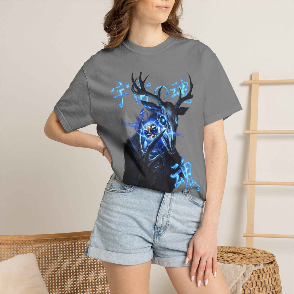 Neon Blue Cosmic Skull Graphic Tee - Unisex Cyberpunk Harajuku Streetwear