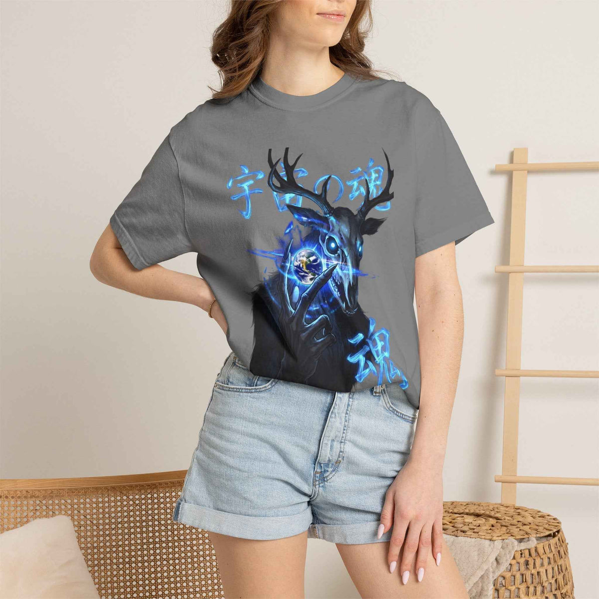 Neon Blue Cosmic Skull Graphic Tee - Unisex Cyberpunk Harajuku Streetwear