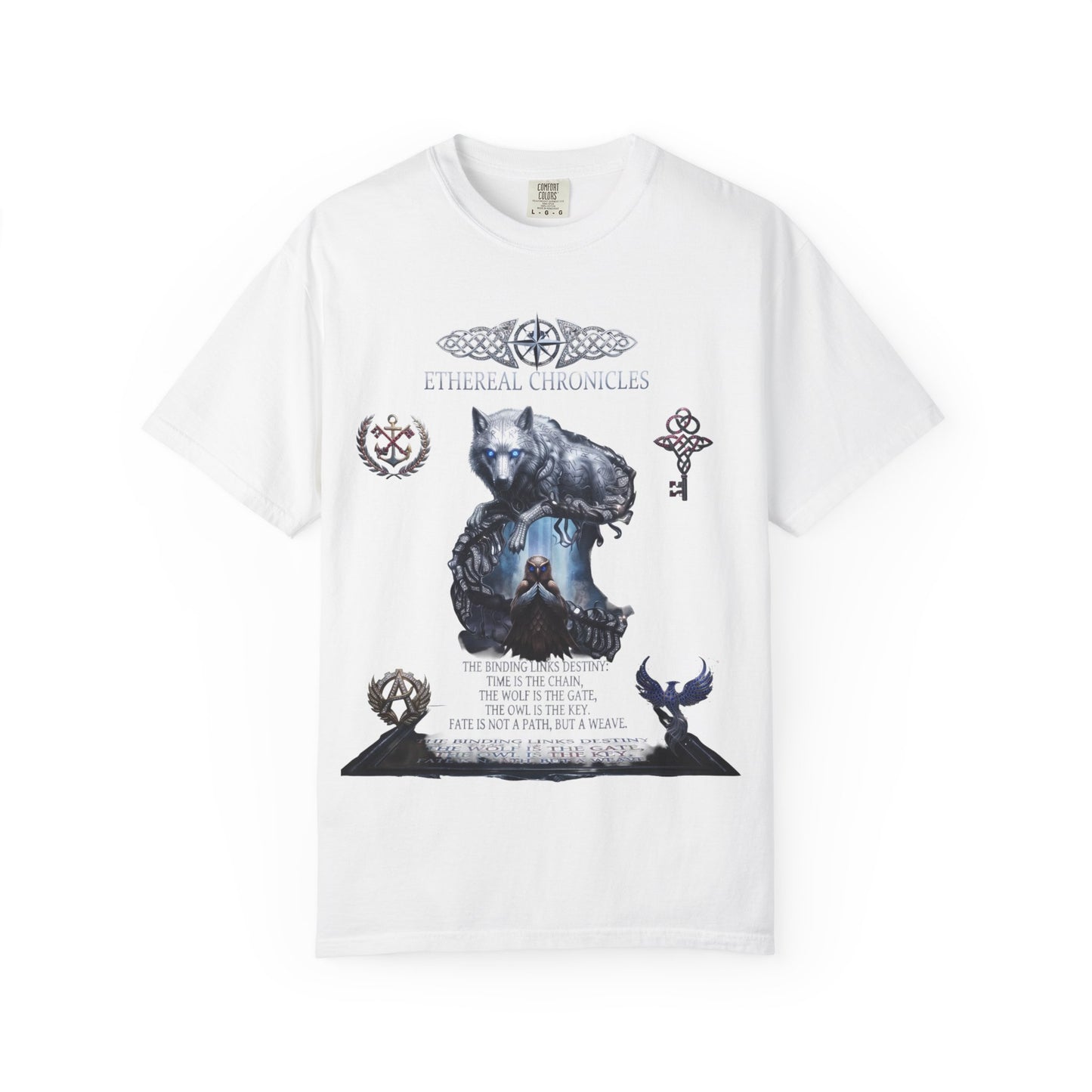Ethereal Chronicles Graphic Tee | Mythical Wolf & Celestial Owl Shirts for Men & Women | Dark Fantasy Gothic Aesthetics Heavyweight Comfort Colors 1717 T-Shirt