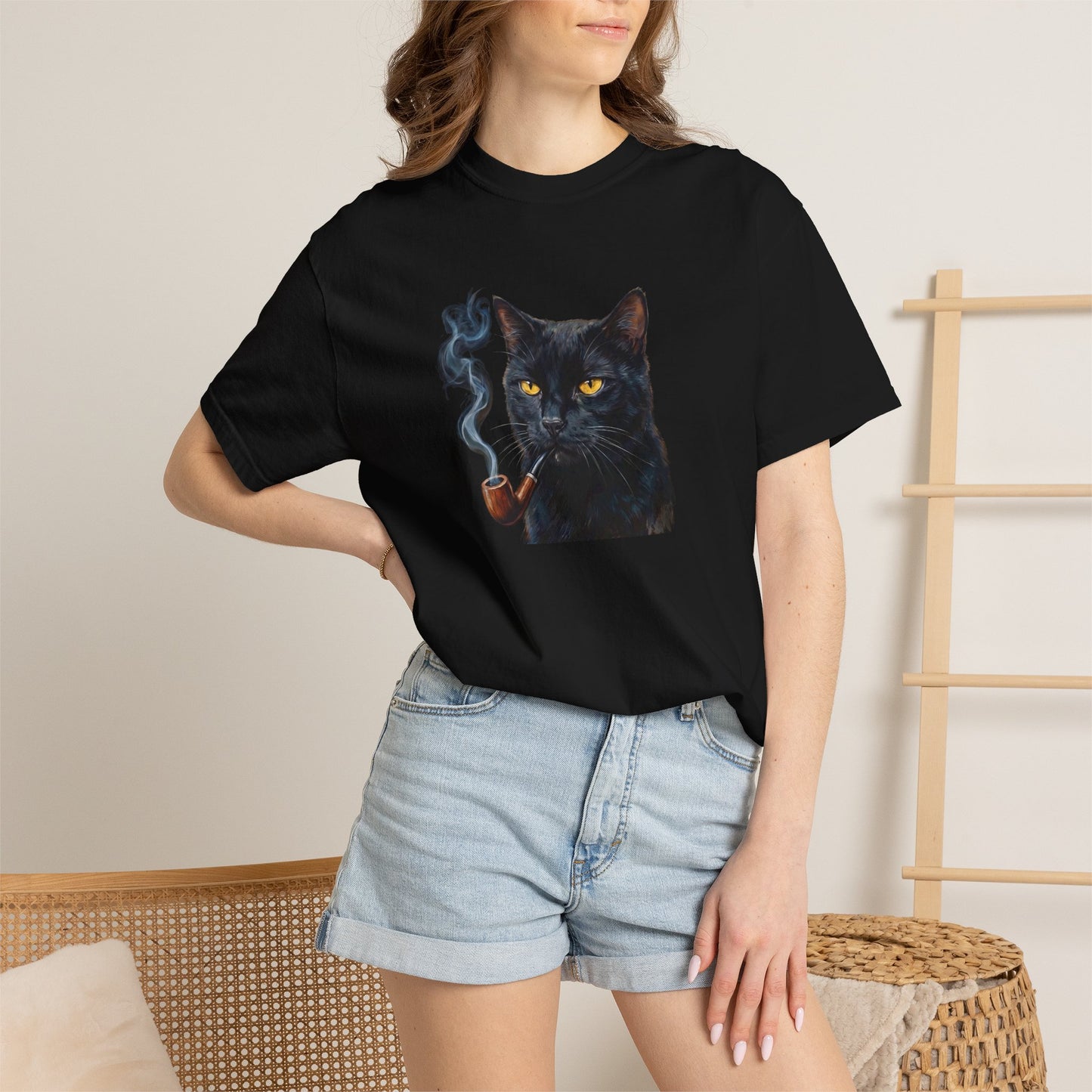 Smoking Cat Graphic T-Shirt — Retro Black Cat with Pipe Tee
