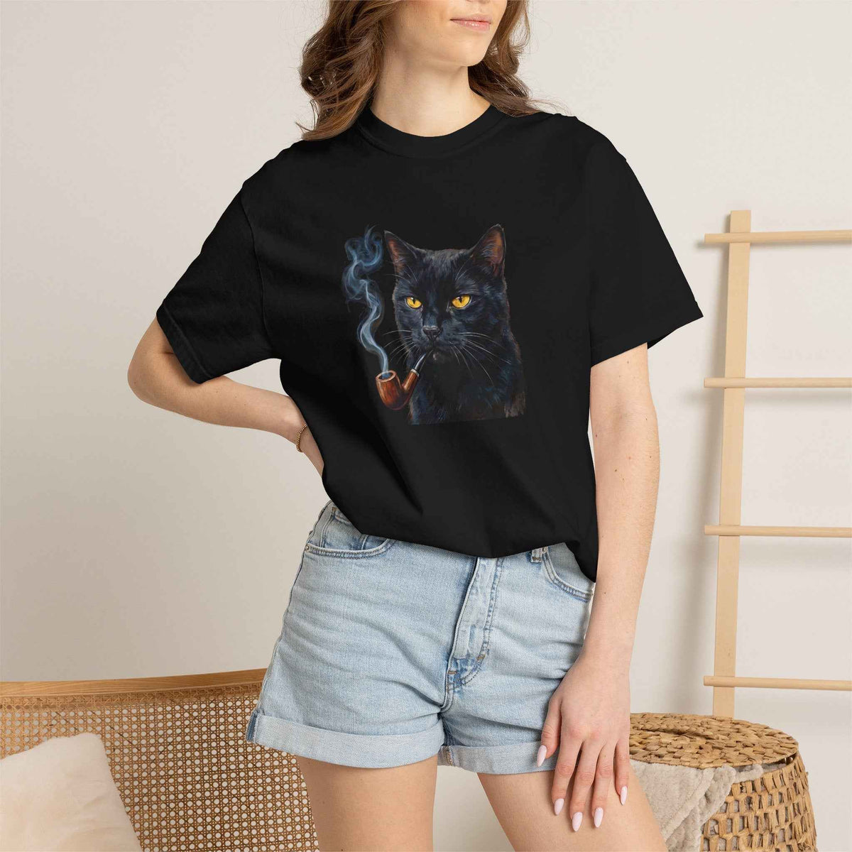 Smoking Cat Graphic T-Shirt — Vintage Noir Cat with Pipe Tee