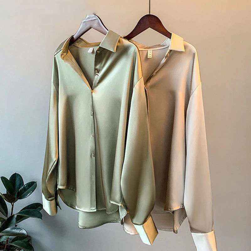 Pearl White Satin Long Sleeve Blouse - Elegant, Versatile Office Wear