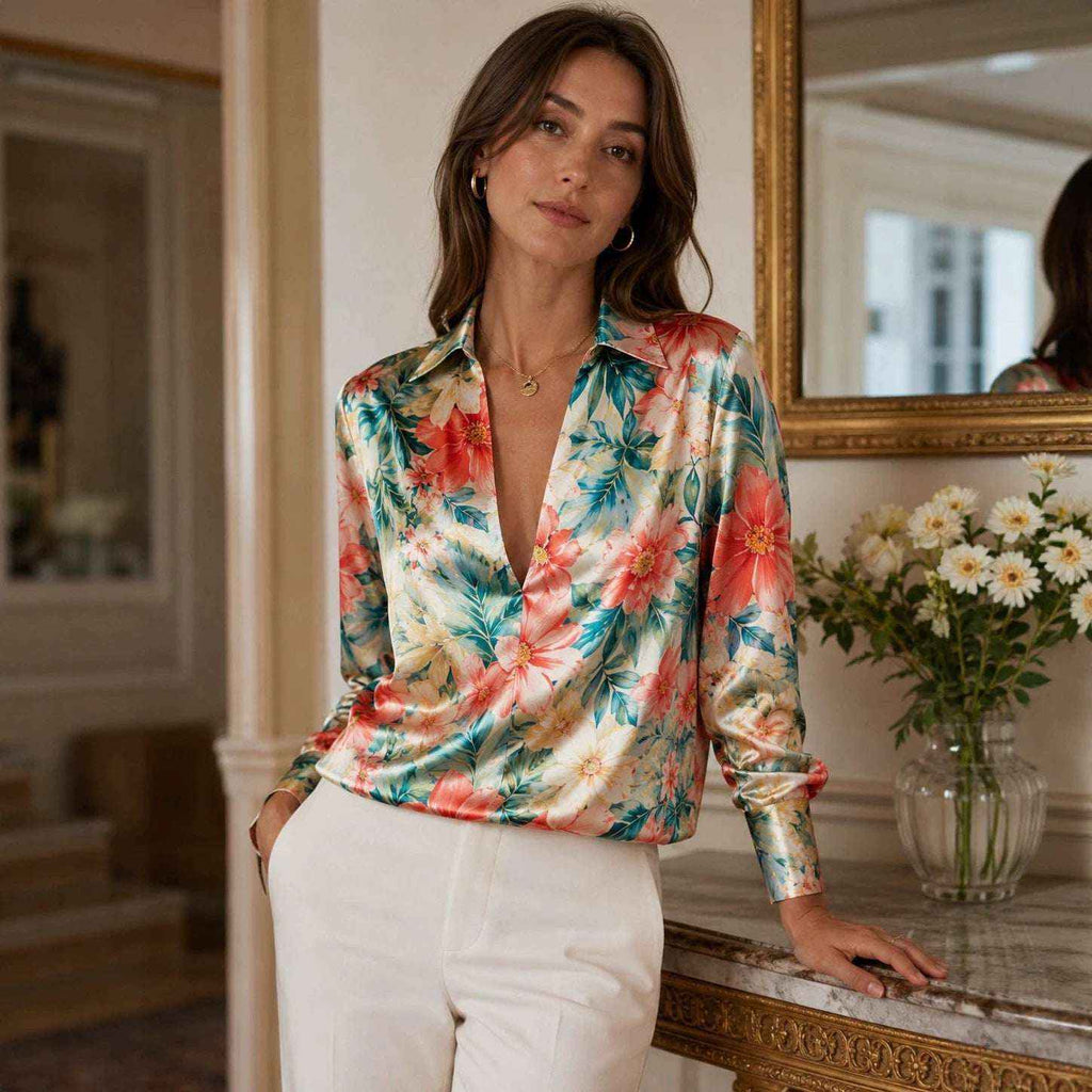 Retro Ink-Wash Floral Lapel Deep-V Satin Blouse - Elegant Vintage Piece