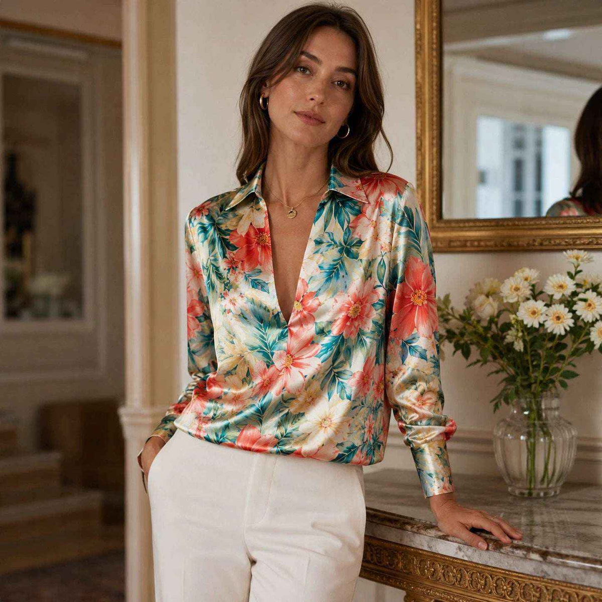 Retro Ink-Wash Floral Lapel Deep-V Satin Blouse - Elegant Vintage Piece