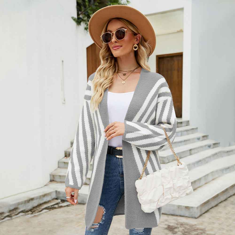 Women's Clothing V-neck Color-block Striped Loose Oversized Cardigan
