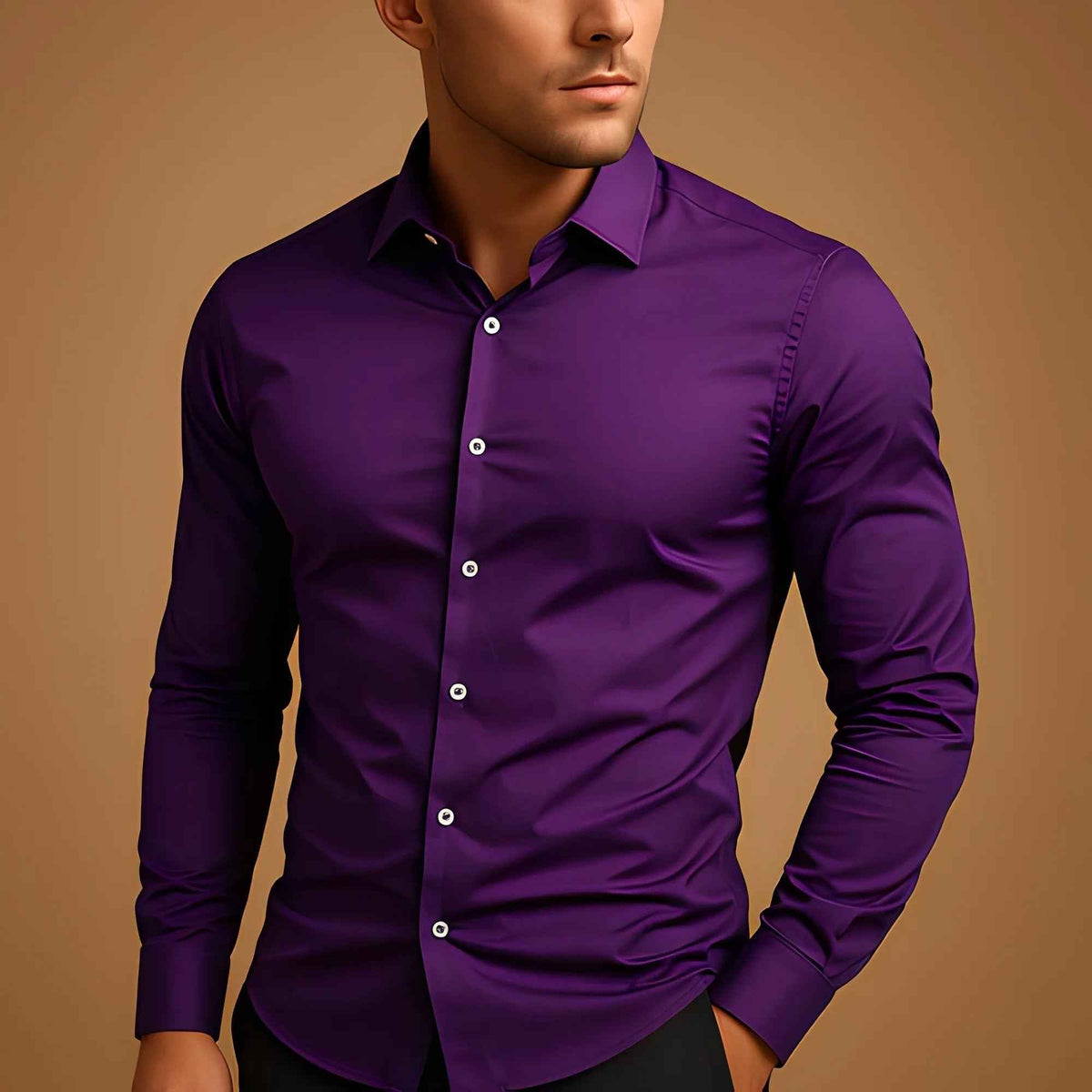 Men's Business Button-Down Shirt - Summer Solid Color Lapel Style