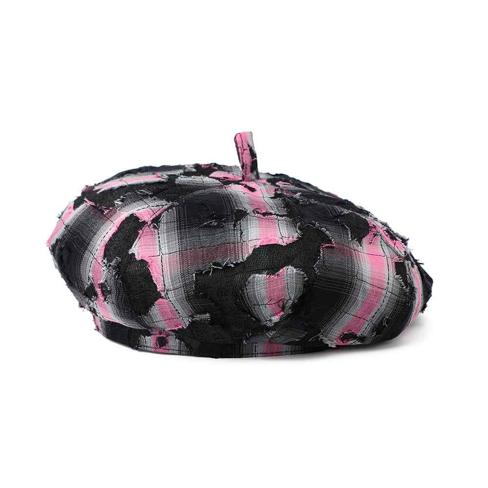 Distressed Check Beret, Retro Fringe Pattern Streetwear Hat for Casual & Girly Outfits