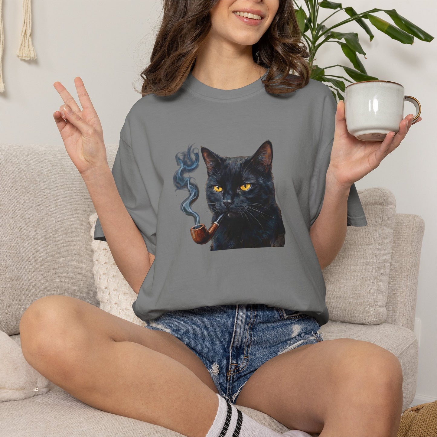 Smoking Cat Graphic T-Shirt — Retro Black Cat with Pipe Tee