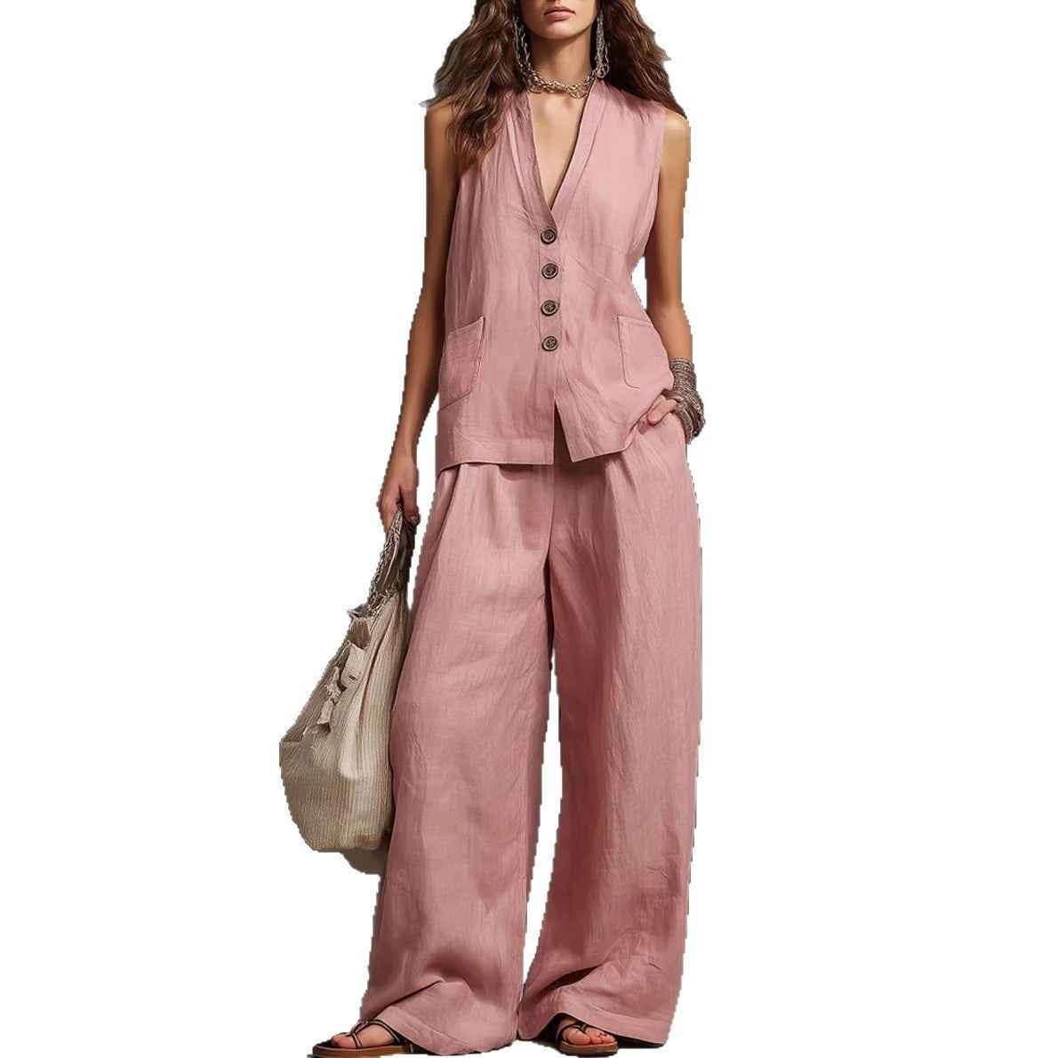 Women's Seasonal Laid-Back Linen Suit Set - Sleeveless Vest & Wide Leg Pants