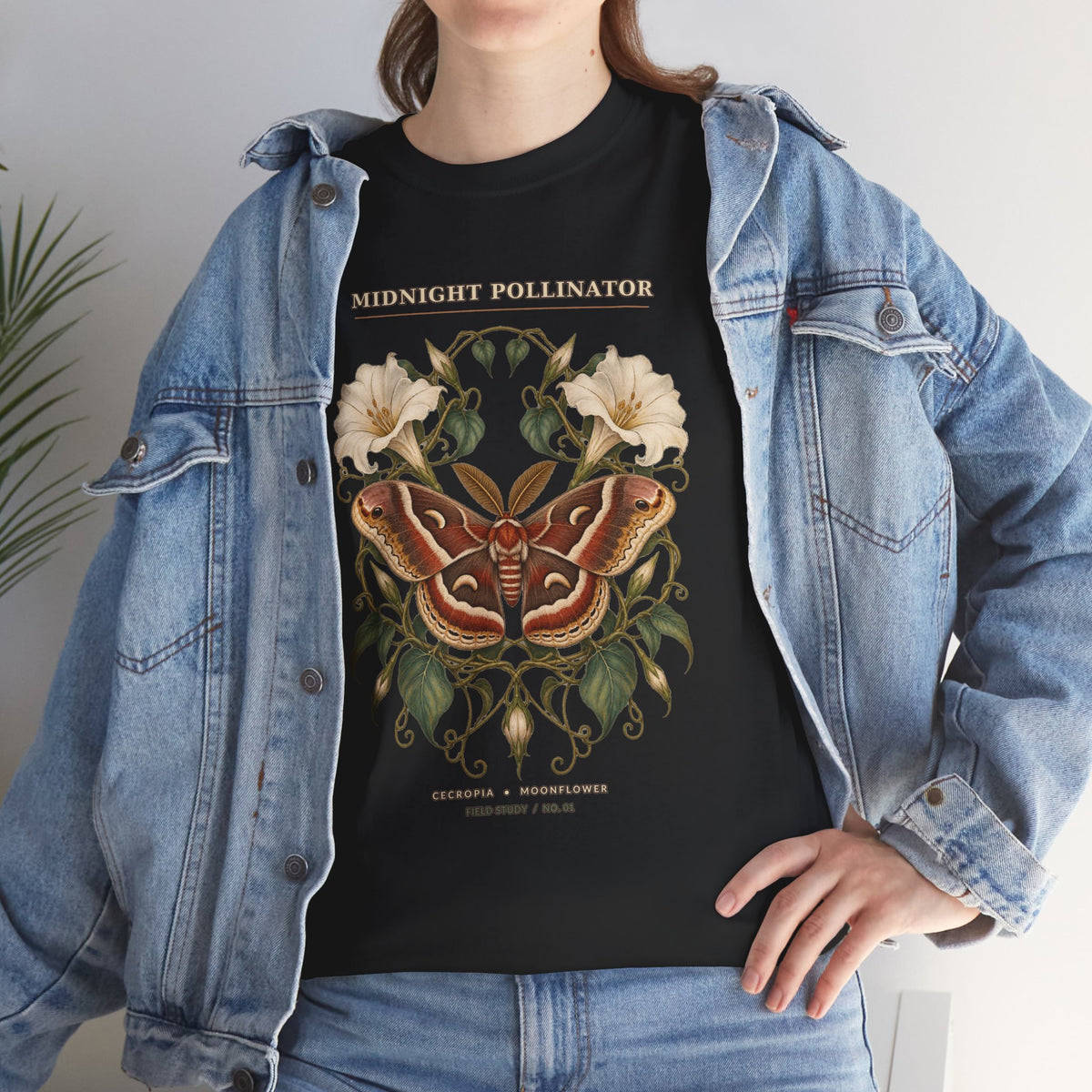 Midnight Pollinator Cecropia Moth & Moonflower Graphic Tee | Vintage Botanical Night Garden Shirt