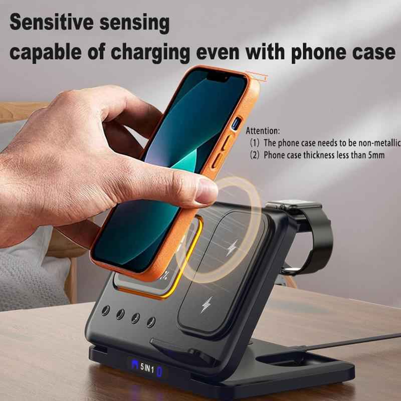 15W Wireless Charging Stand 5-in-1 Alarm Clock: Multi-Device Fast Charger