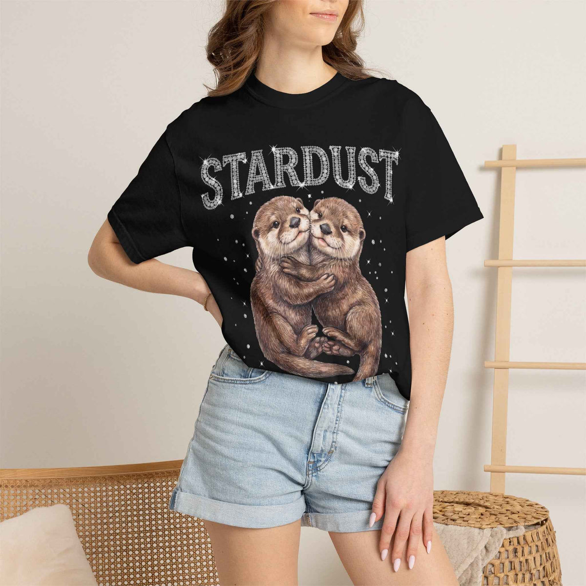 Retro Y2K Stardust Cute Otters Graphic Tee, Heavyweight Rhinestone Font