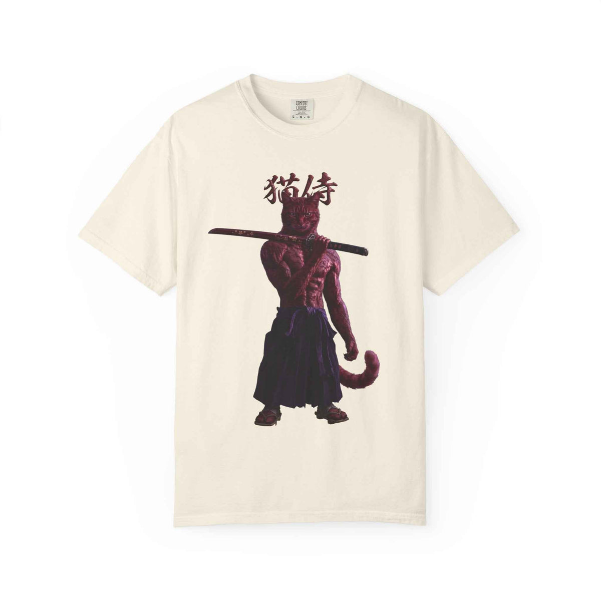 Heavyweight Vintage Red Samurai Cat Tee - Boxy Graphic Tee for Dark Aesthetic Fans
