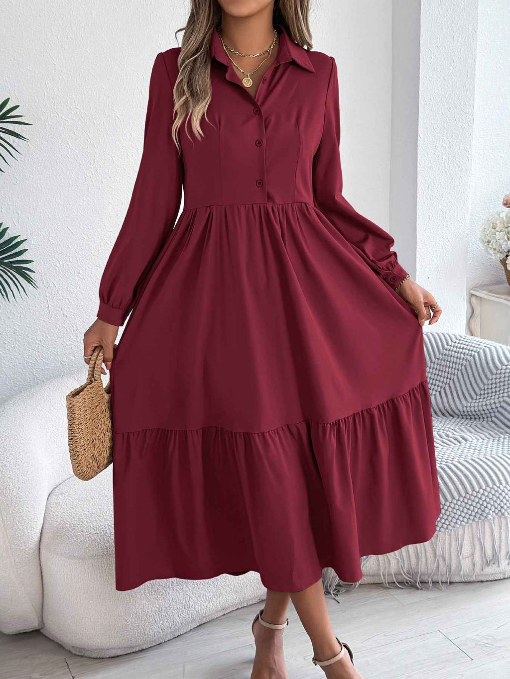 Women's Lapel Ruffled Long Sleeve Dress - Elegant Turn-Down Collar Shirt for Spring/Autumn Vacations