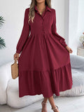 Women's Lapel Ruffled Long Sleeve Dress - Elegant Turn-Down Collar Shirt for Spring/Autumn Vacations