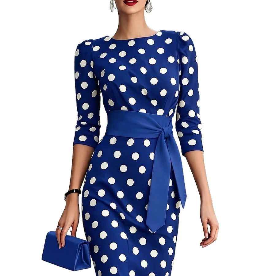 Elegant Polka Dot Midi Dress with Waist Belt - Formal & Office Wear