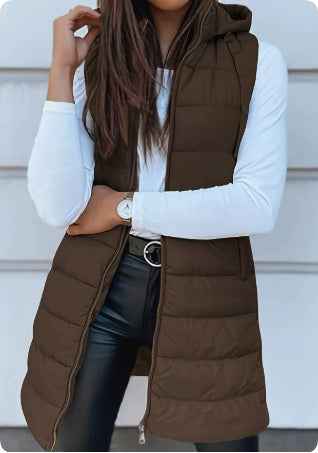 Solid Color Hooded Quilted Cotton Vest Coat with Zipper