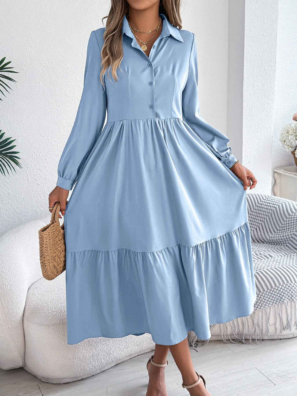 Women's Lapel Ruffled Long Sleeve Dress - Elegant Turn-Down Collar Shirt for Spring/Autumn Vacations