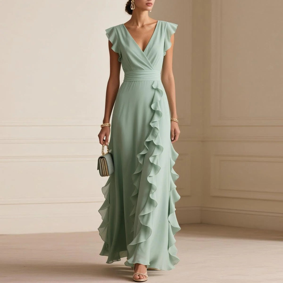 Women's green ruffle V-neck maxi dress