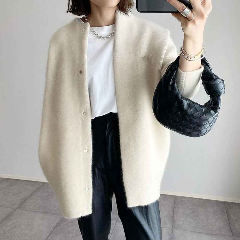 Stylish Loose Round Neck Cardigan - Solid Color Women's Coat for Autumn & Winter