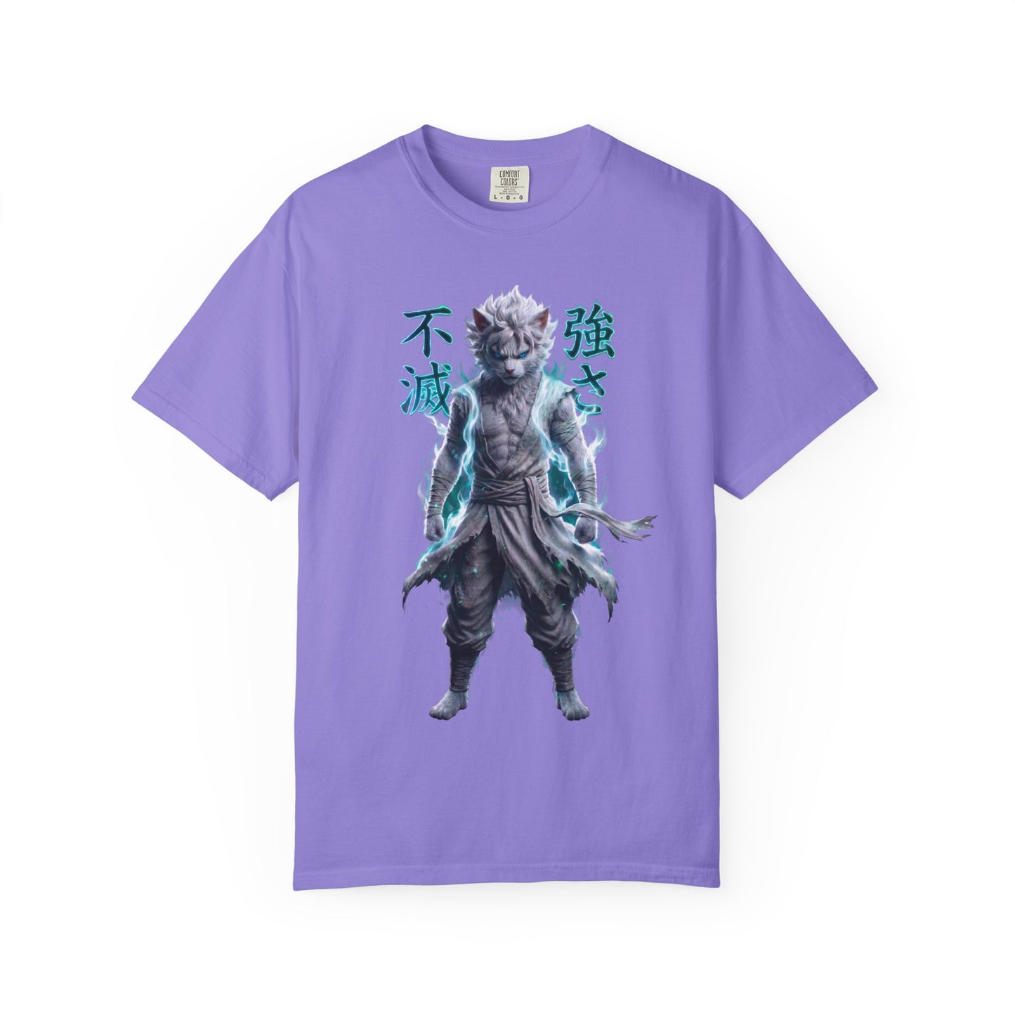 Y2K Cyberpunk Graphic Tee White Silver Cat Warrior Unisex Harajuku Style Streetwear Comfort Colors 1717 T-Shirt