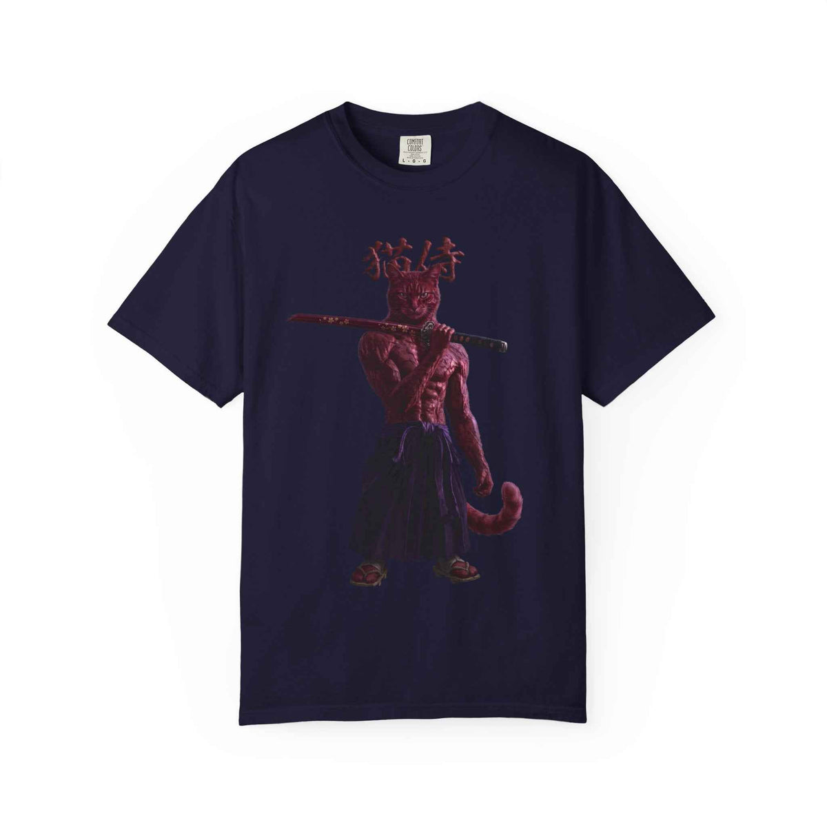 Heavyweight Vintage Red Samurai Cat Tee - Boxy Graphic Tee for Dark Aesthetic Fans