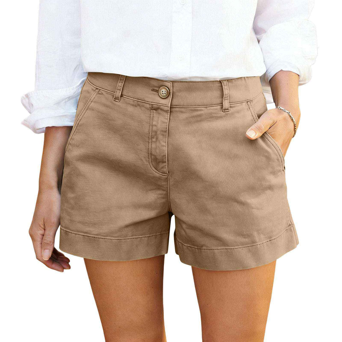 Women's High-Waisted Bermuda Shorts - Twill Cotton Casual & Elegant