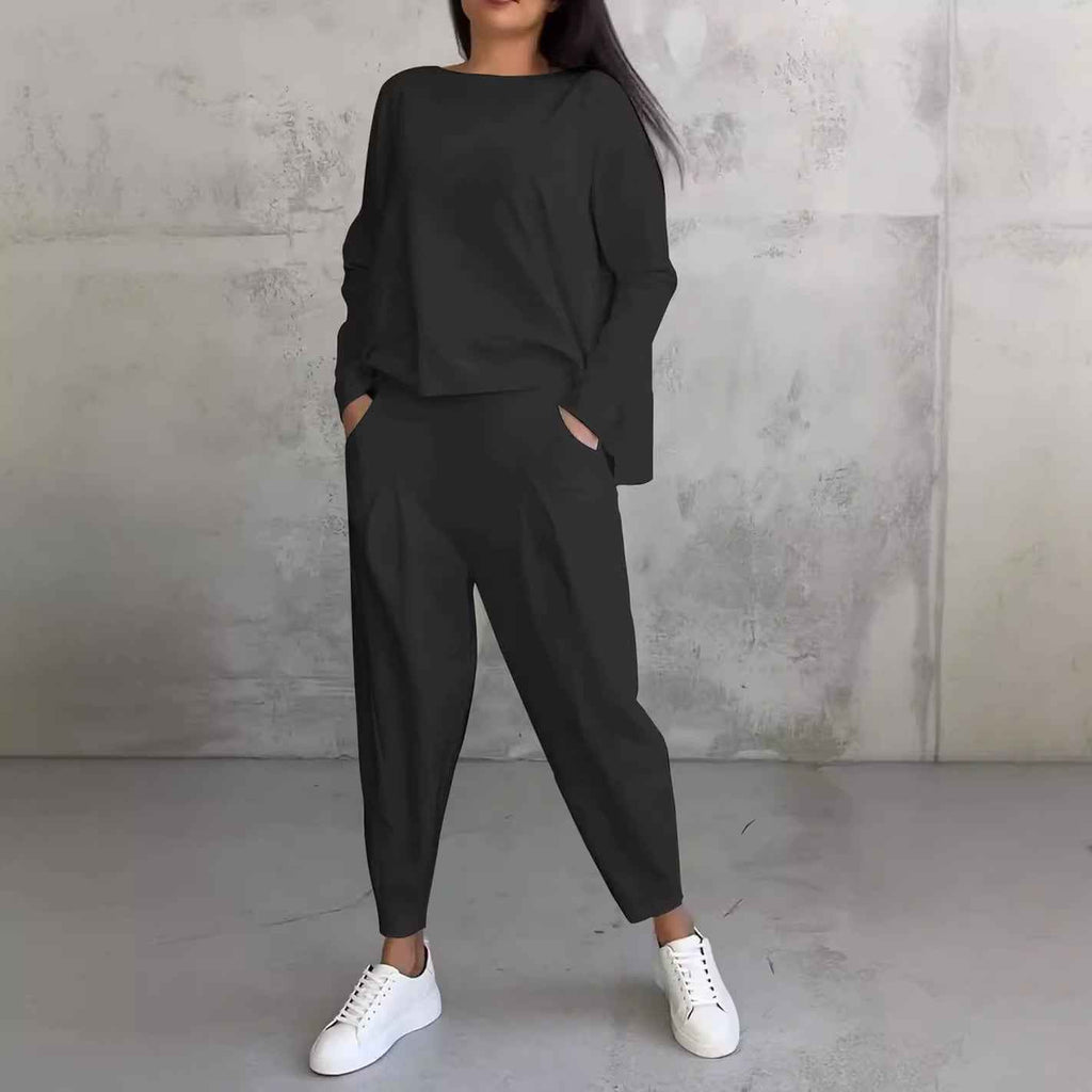 Women's Irregular Suit Long Sleeve Round Neck Top & Loose Harem Pants with Pockets - Fashion Casual Set