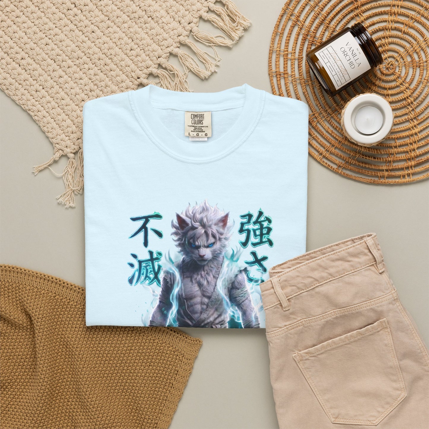 Y2K Cyberpunk Graphic Tee White Silver Cat Warrior Unisex Harajuku Style Streetwear Comfort Colors 1717 T-Shirt