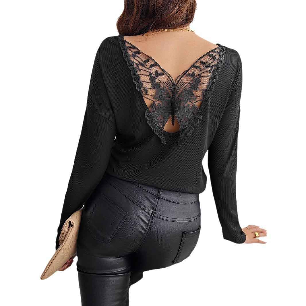 Ribbed Long Sleeve T-Shirt with Back Stitch Detail