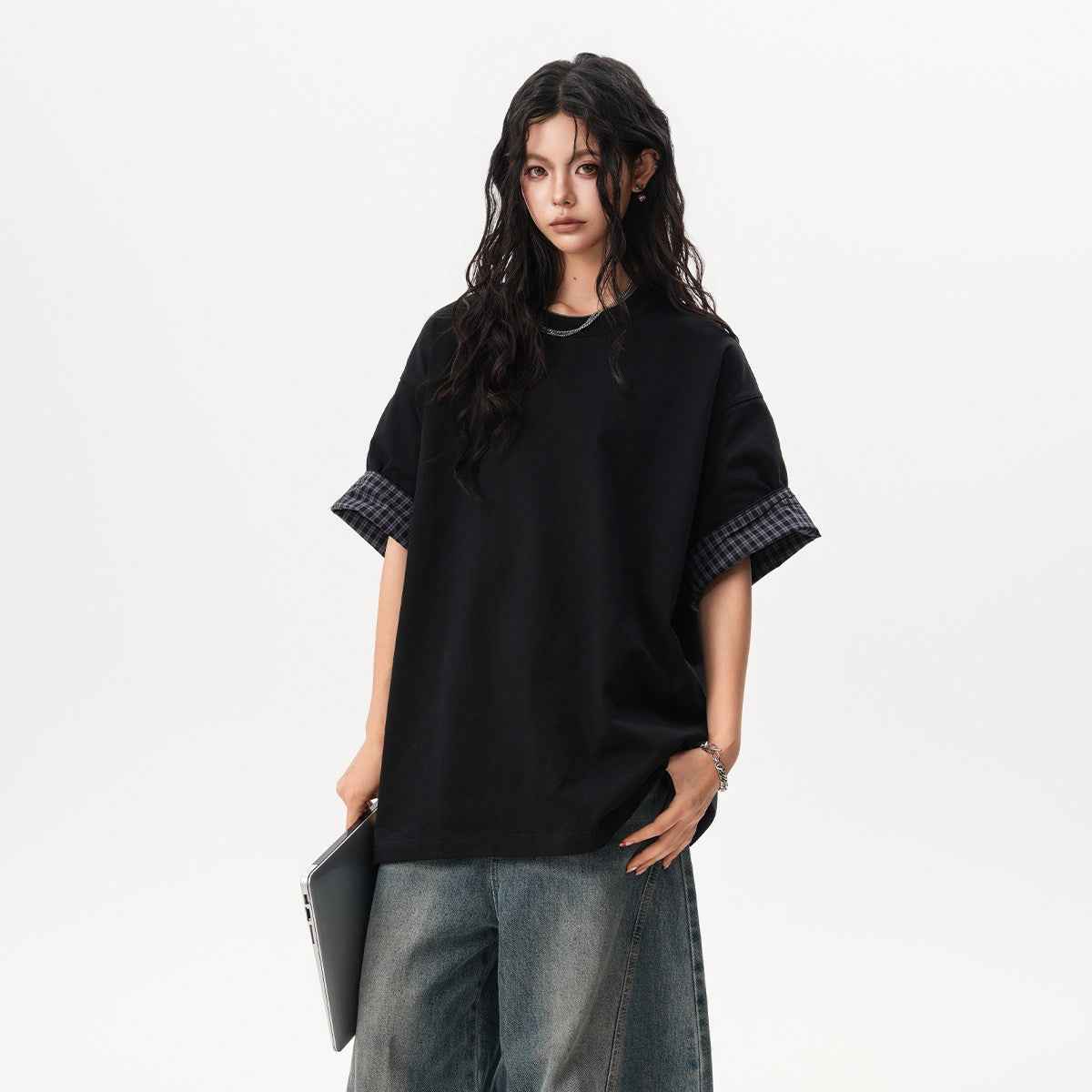 Color-block Plaid Short-sleeve T-shirt