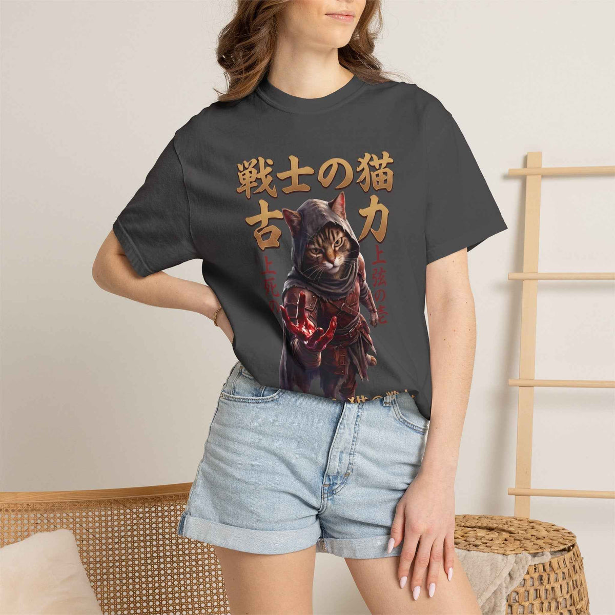 Mystic Warrior Cat Graphic Tee | Dark Aesthetic Japanese Streetwear Shirts for Men & Women | Vintage Manga Heavyweight Comfort Colors 1717 T-Shirt